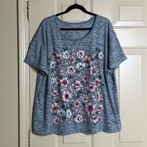 NEW Woman Within Blue Floral Print Short Cuffed Sleeves T-Shirt. Size 22/24